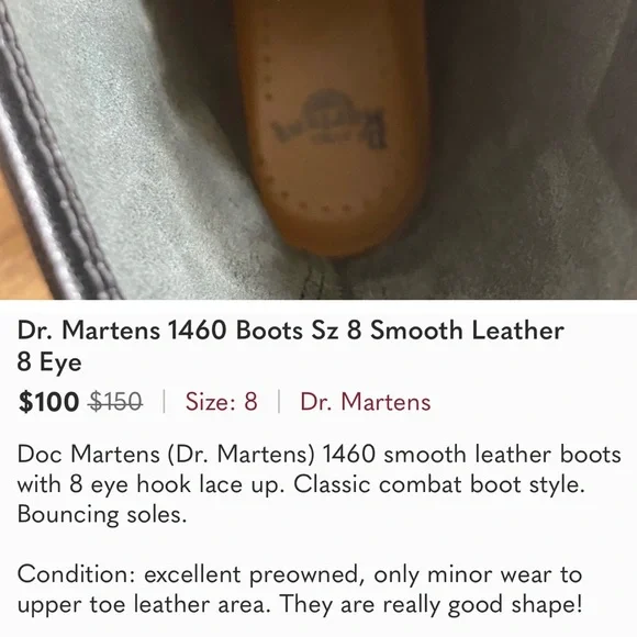 Dr. Martens 1460 Boots Sz 8 Smooth Leather
8 Eye - Picture 7 of 7